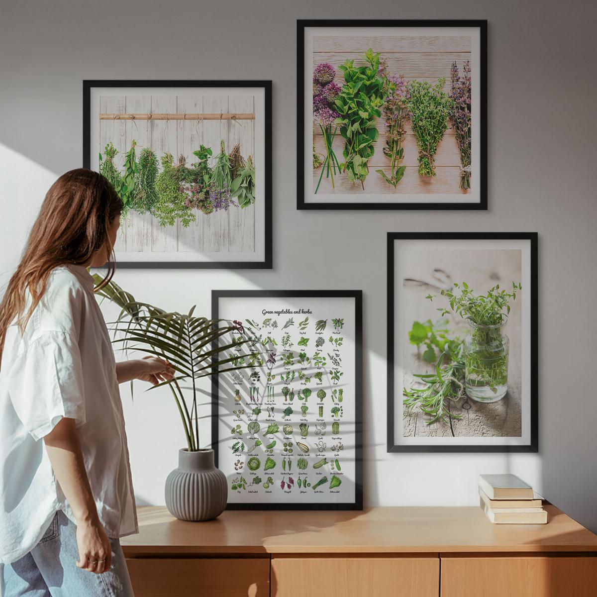 BILDER SET 4er Set - 50x50 cm & 40x60 cm Schwarzer Rahmen - Getrocknete Kräuter für die Küche - Schwarz, Kunststoff (50/50cm) - TULUP