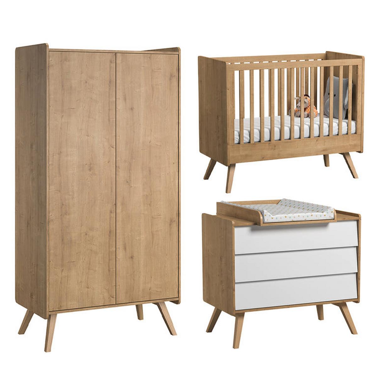 BABYZIMMER 3-teilig Vintage Weißes Holz - Braun, Holzwerkstoff (125/103/65cm) - Petits-meubles