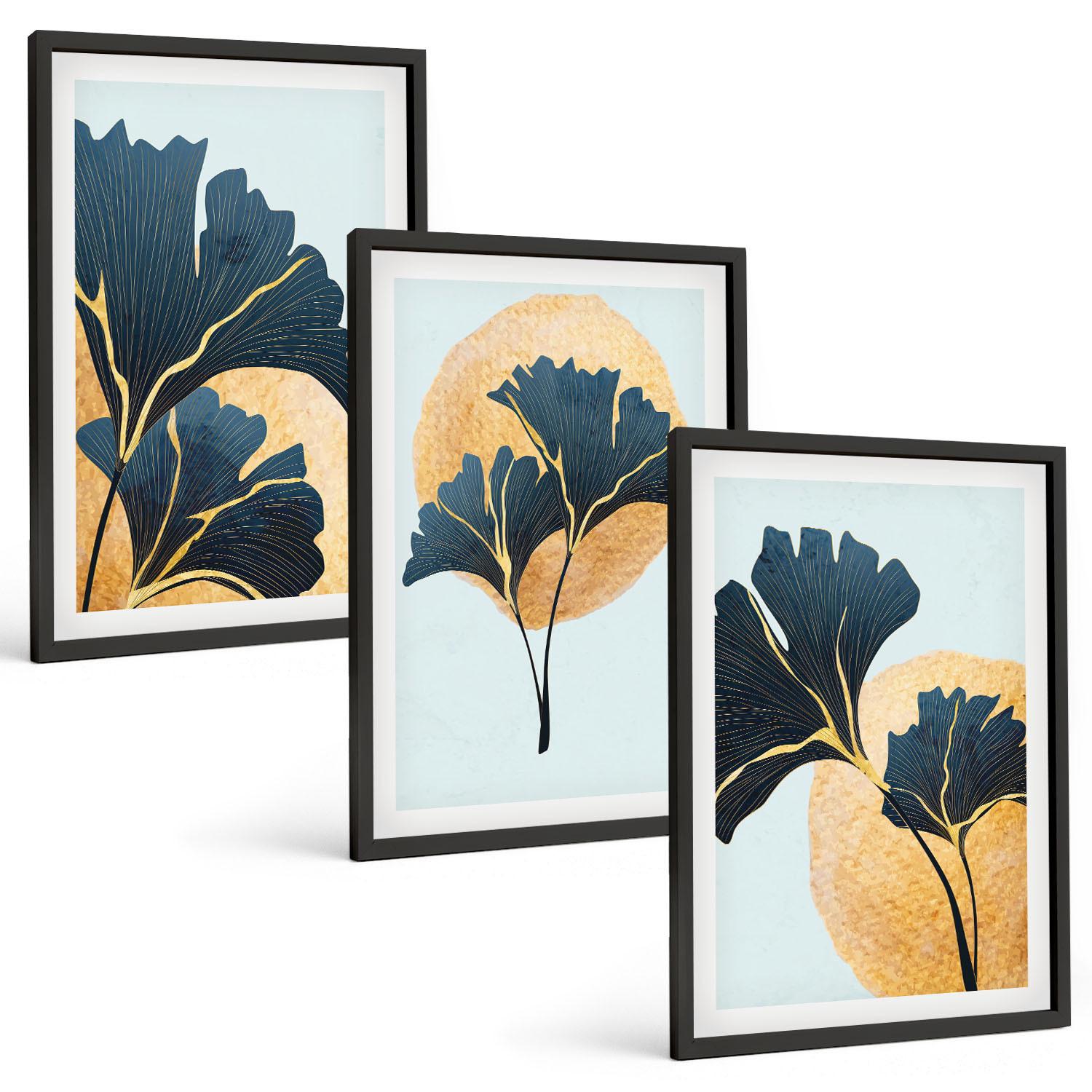 BILDER SET 3er Set - 40x60 cm Schwarzer Rahmen - Ginkgoblätter, heller Hintergrund - Schwarz, Kunststoff (40/60cm) - TULUP