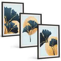 BILDER SET 3er Set - 40x60 cm Schwarzer Rahmen - Ginkgoblätter, heller Hintergrund - Schwarz, Kunststoff (40/60cm) - TULUP