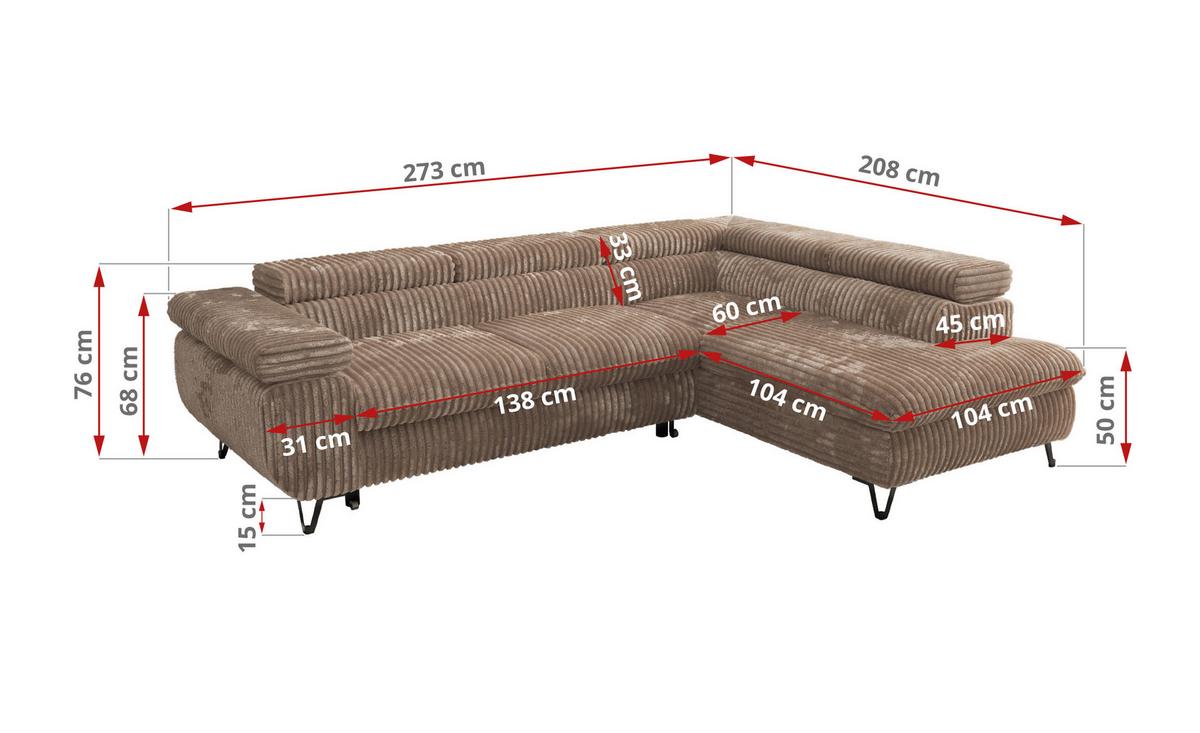 ECKSOFA PABLO L Braun Cord - Links Seite - Schwarz/Braun, Textil/Metall (208/273cm) - MKS