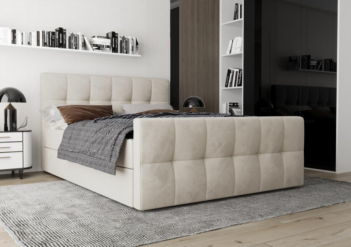 BOXBETT Settlio 160/200 cm in Creme – mit Bettkasten + TOPPER - Creme/Schwarz, Holz/Holzwerkstoff (160/200cm) - AX Living
