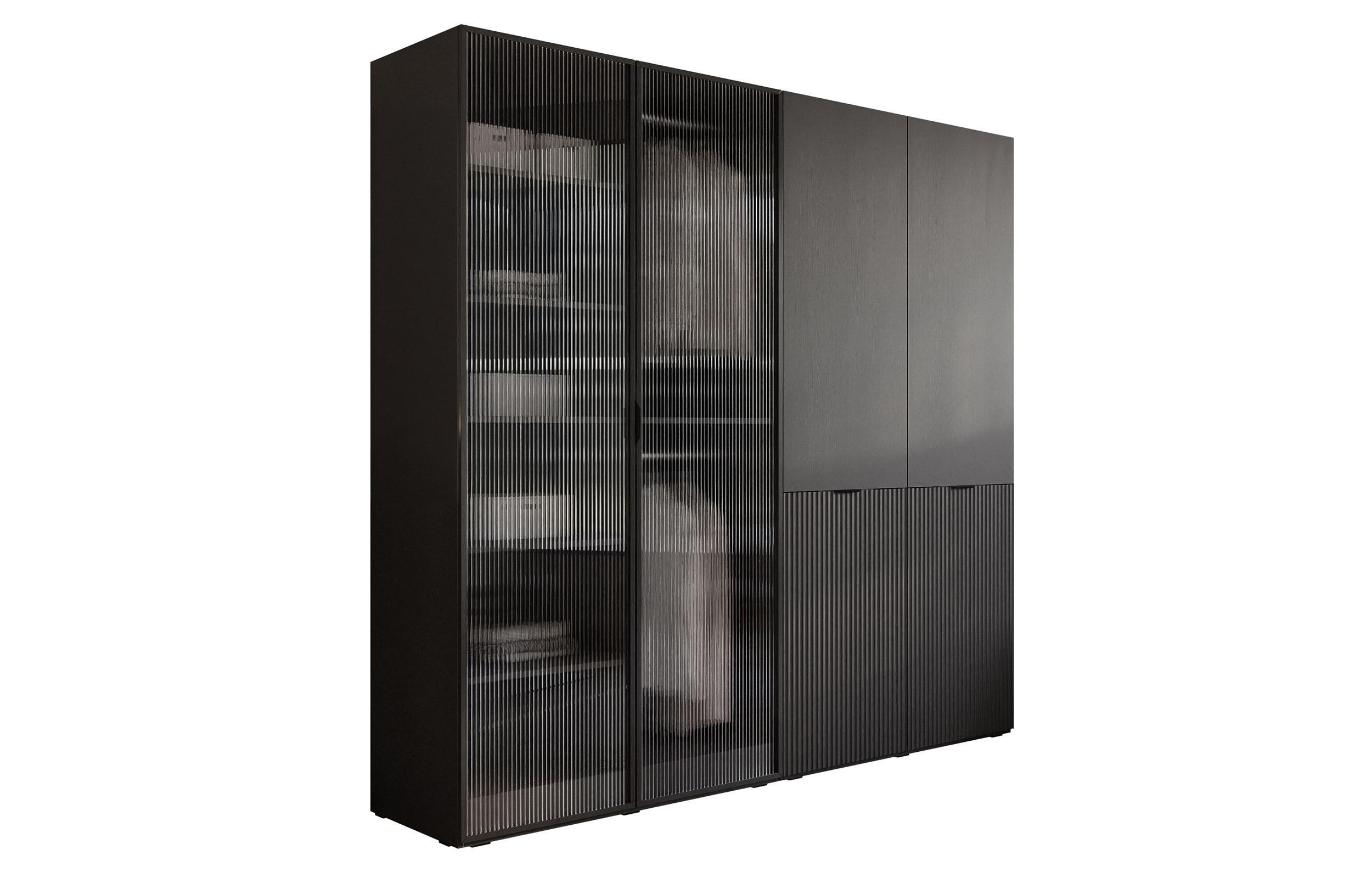 KLEIDERSCHRANK SANDBOX MODERN 200 202/49/200 cm Graphitschwarz / Graphitschwarz + Riffelglas mit LED ohne Zusatzböden - Transparent/Schwarz, Holzwerkstoff/Kunststoff (202/200/49cm) - Lookway