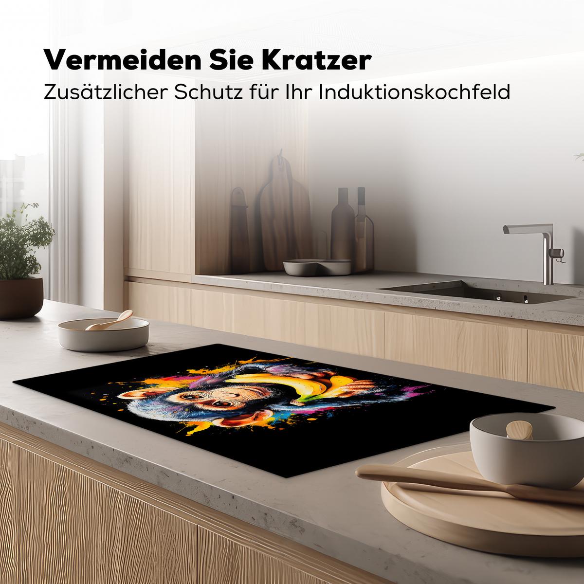 HERDABDECKPLATTE Affe - Graffiti - Farbenfroh - Bananen - Modern Ceranfeldabdeckung 90x52 cm - Gelb, Kunststoff (90/52/0.2cm) - MuchoWow