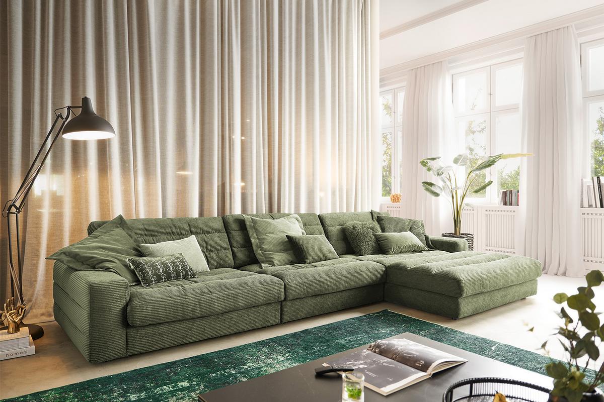 ECKSOFA XL LANA Grün Cord - Schwarz/Olivgrün, Textil (416/205cm) - KAWOLA