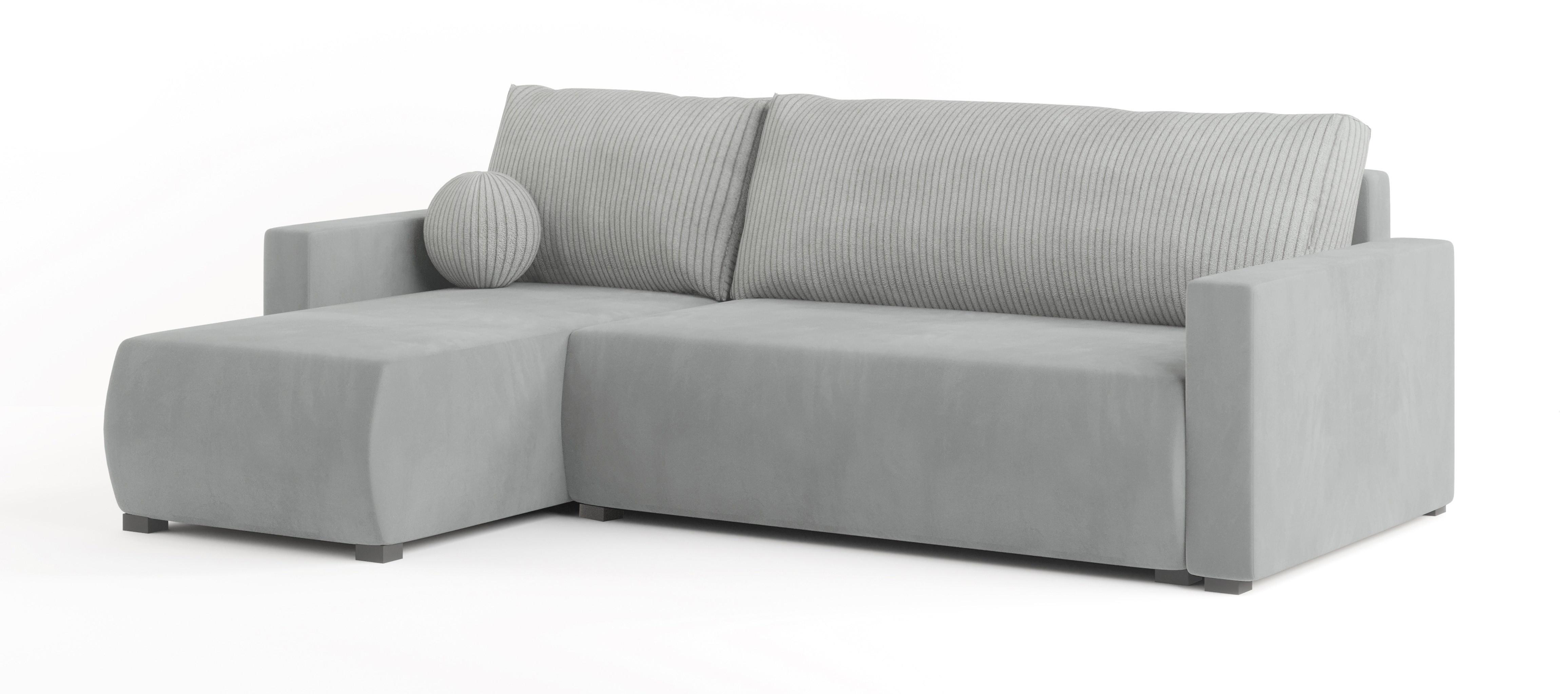 ECKSOFA SORGE Hellgrau Plüsch-Stoff mit Schlaffunktion - Hellgrau, Holz (220/143cm) - MASSENO