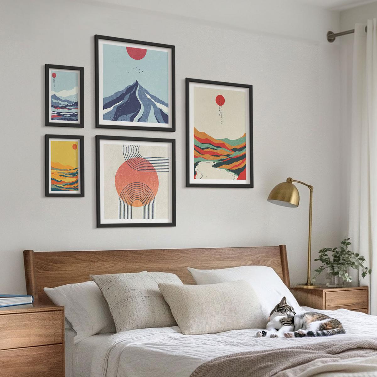 BILDER SET 5er Set - 50x50 cm & 20x30 cm & 40x60 cm Schwarzer Rahmen - Pastellfarbene Berge im Japandi-Stil - Schwarz, Kunststoff (40/60cm) - TULUP