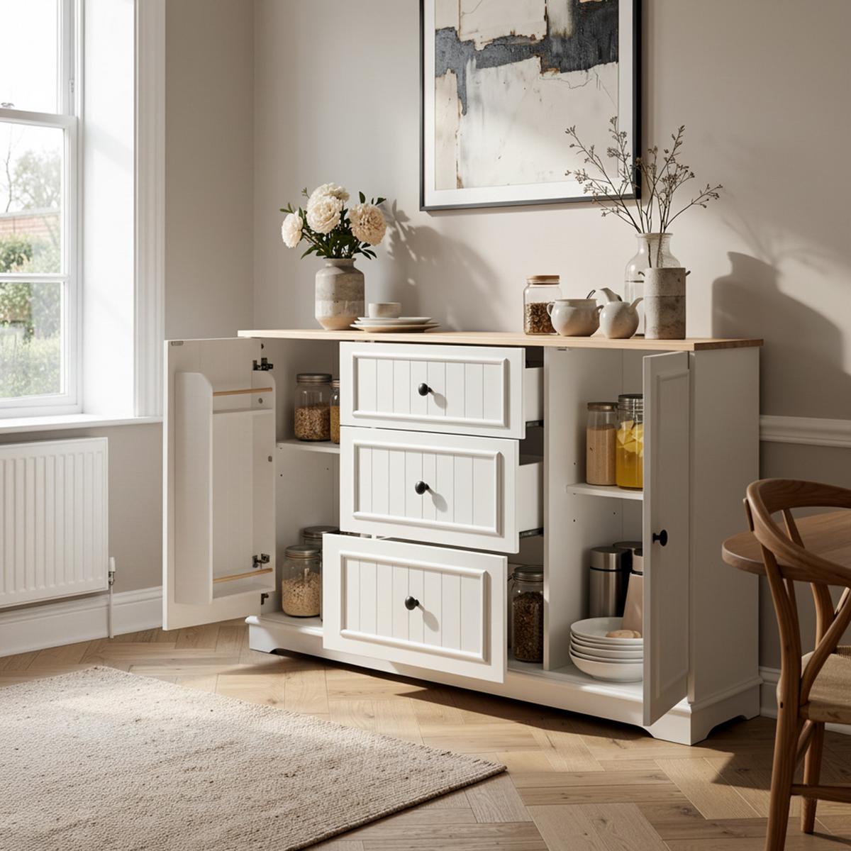SIDEBOARD mit 3 schubladen & kühlschrank-türen - Weiß, Holzwerkstoff (126/86/40cm) - Urban Meuble