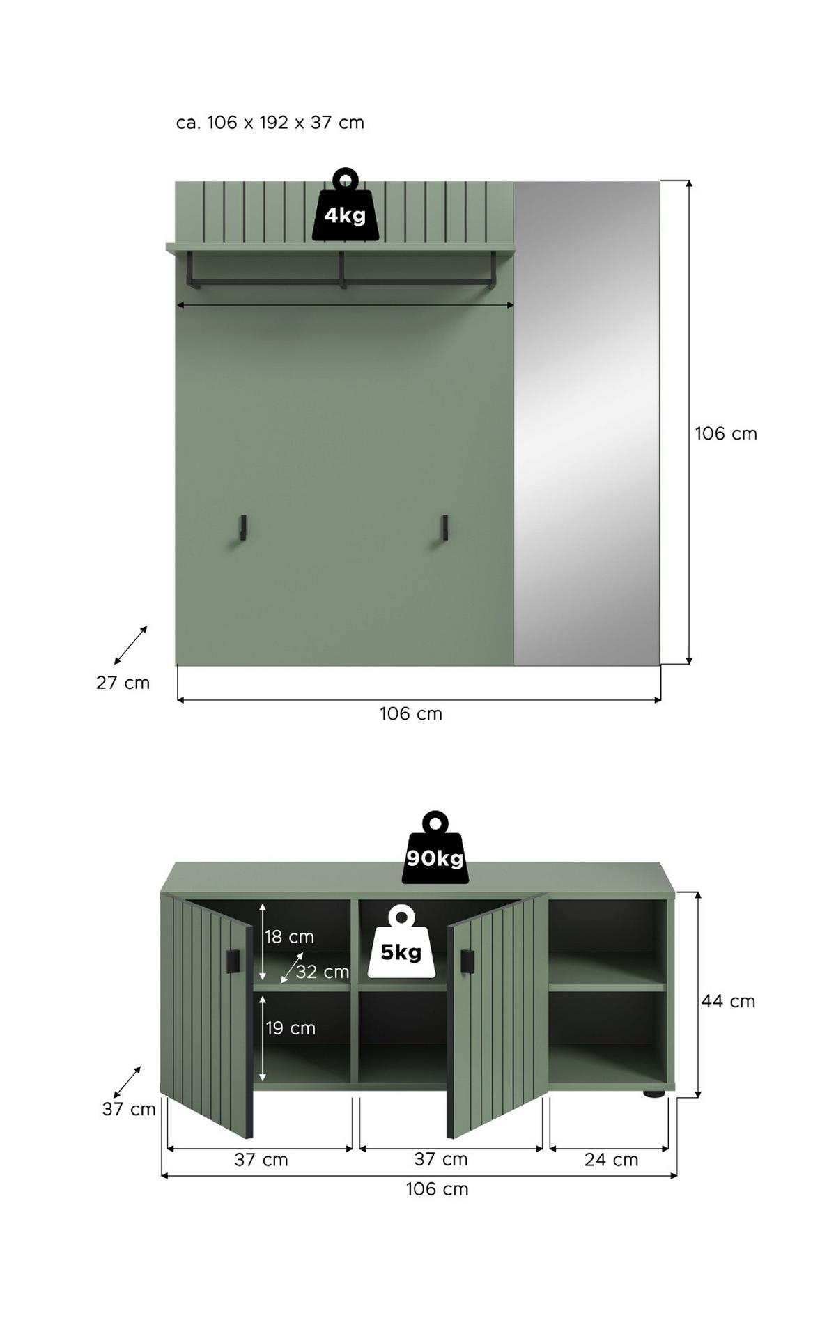 GARDEROBE-SET grün 2-teilig 106 cm, Garderobenkombination mit Rillen-Optik - Schwarz/Grün, Glas/Holzwerkstoff (106/192/37cm) - Inn.Furn