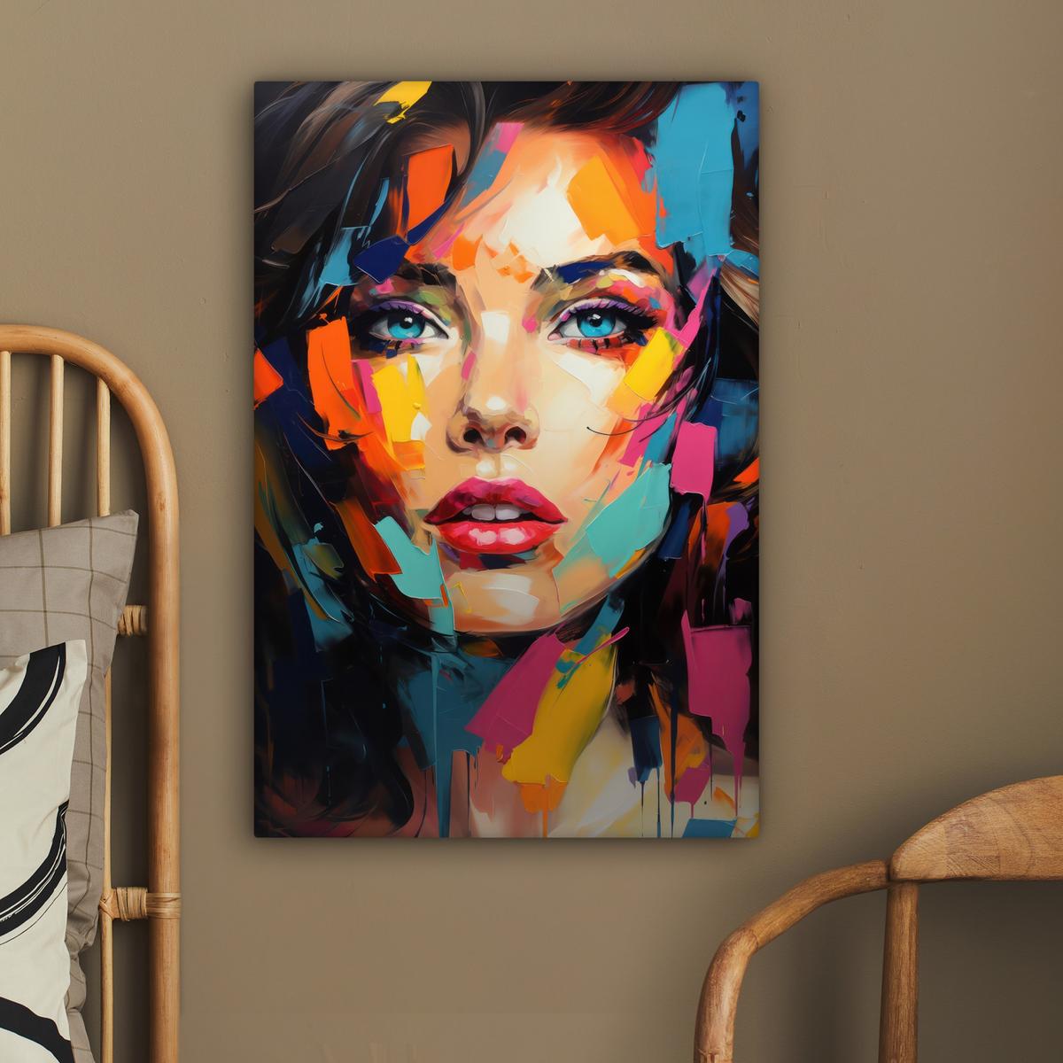 LEINWANDBILD Frau - Porträt - Farbenfroh - Kunst Wanddeko 40x60 cm - Multicolor, Textil (40/60cm) - MuchoWow