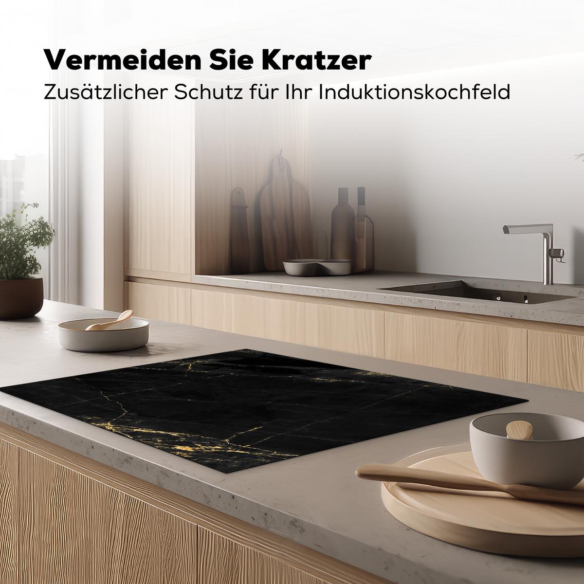 HERDABDECKPLATTE Marmor - Schwarz - Gold - Chic - Marmoroptik - Design Induktionsmatte 77x59 cm - Schwarz, Kunststoff (77/59/0.2cm) - MuchoWow