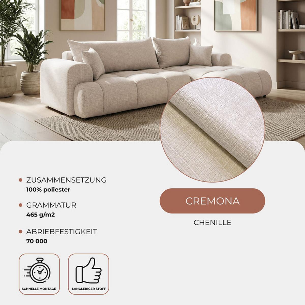 ECKSOFA MILANO Links mit Schlaffunktion und Bettkasten Creme - Creme, Kunststoff/Textil (265/145cm) - Idohome