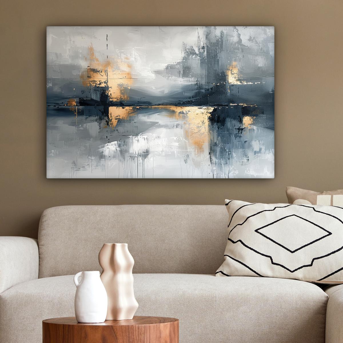 LEINWANDBILD Kunst - Grau - Gold - Abstrakt Wanddeko 90x60 cm - Dunkelgrau, Textil (90/60cm) - MuchoWow