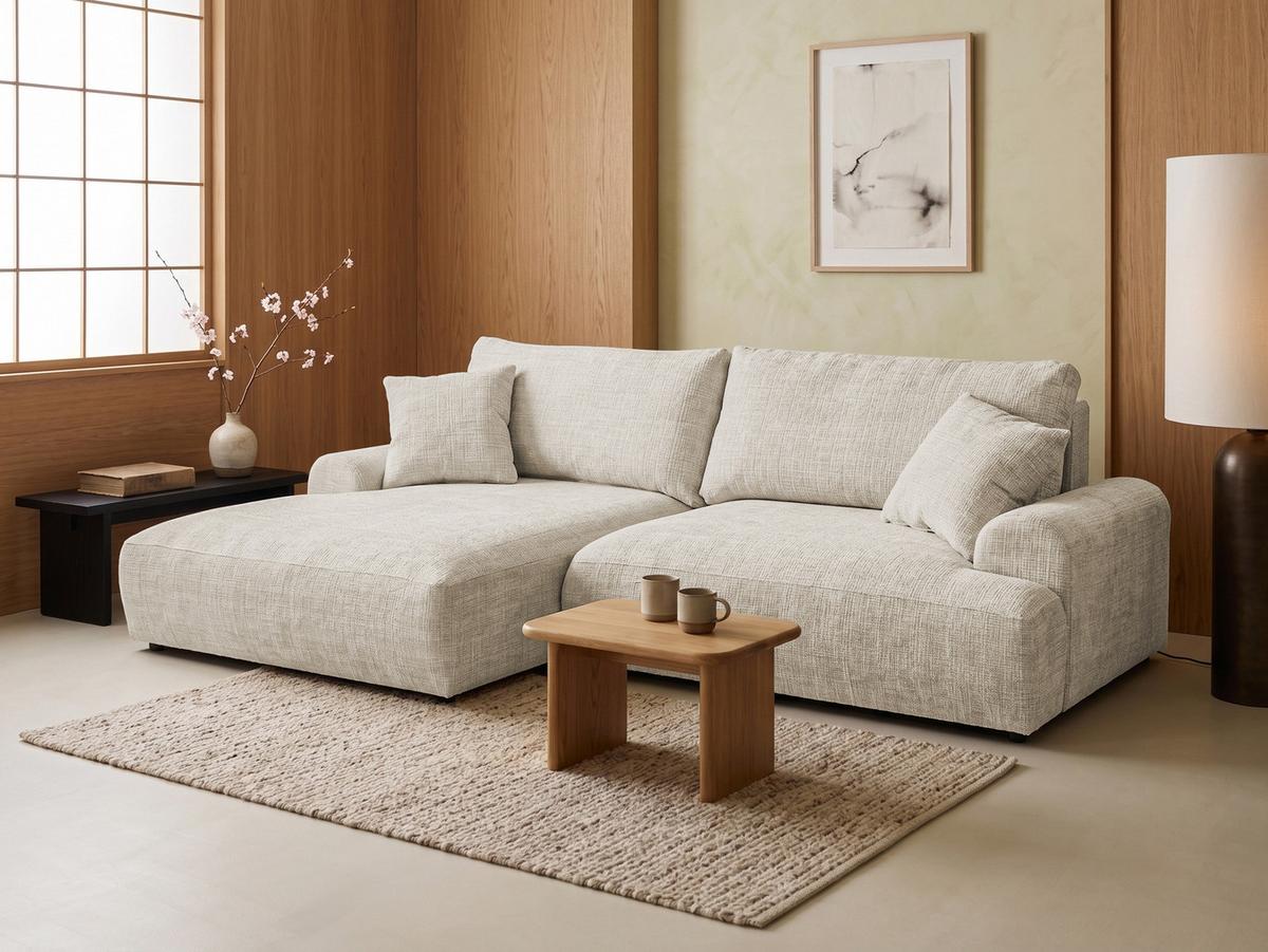 ECKSOFA Melvano mit Schlaffunktion und Bettkasten im Japandi-Stil aus weichem Beige Chenille-Stoff - Creme/Schwarz, Holz/Kunststoff (145/240cm) - S-Style