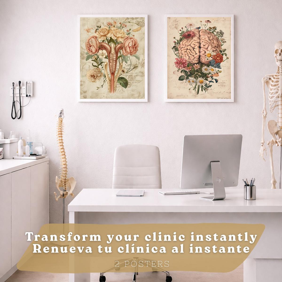 POSTER Set aus 2 Weibliche Anatomie Drucke und Wandbilder mit Gehirn und Gebärmutter Botanischer Retro Vintage Floraler Stil Größe Weißer Rahmen A3 - Weiß, Papier (29.7/42/3cm) - Nacnic