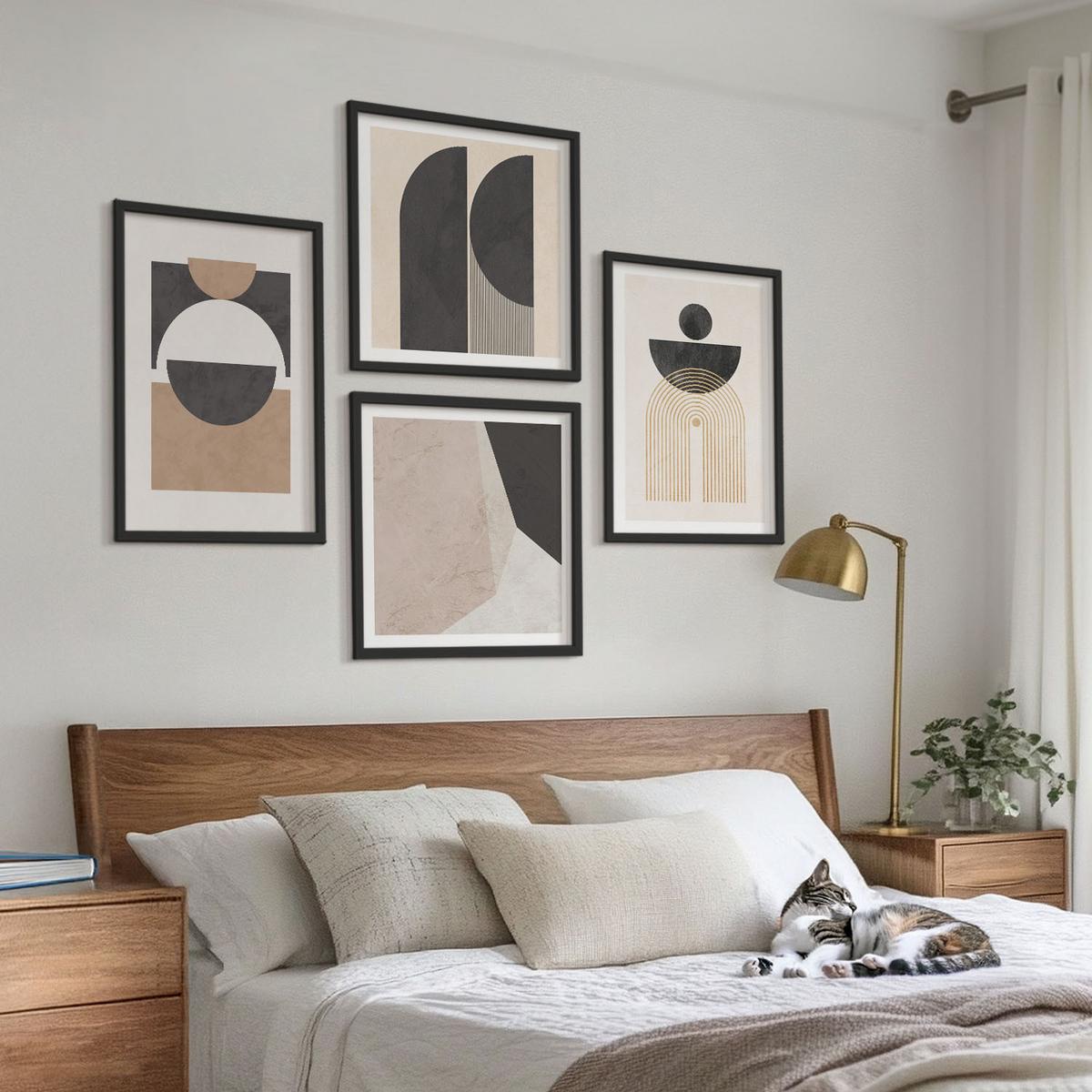 BILDER SET 4er Set - 50x50 cm & 40x60 cm Schwarzer Rahmen - Abstrakte Formen beige braun - Schwarz, Kunststoff (50/50cm) - TULUP