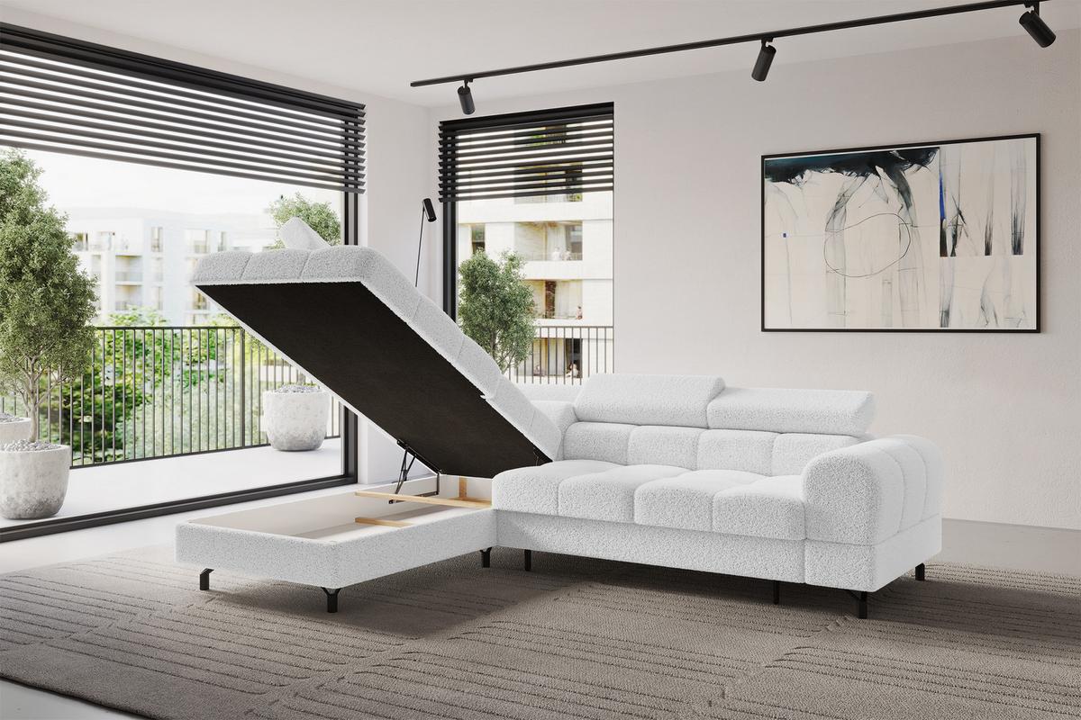 ECKSOFA mit Schlaffunktion Ottomane Links LUMA-L 272x203x70 Weiß Bouclé - Schwarz/Weiß, Holzwerkstoff/Kunststoff (272/203cm) - ALTDECOR