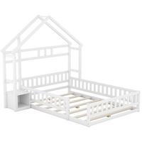 KINDERBETT 140x200 cm Hausbett Weiß – Massivholz Bett mit Geländer & Nachttisch - Weiß, Holz - Urban Meuble