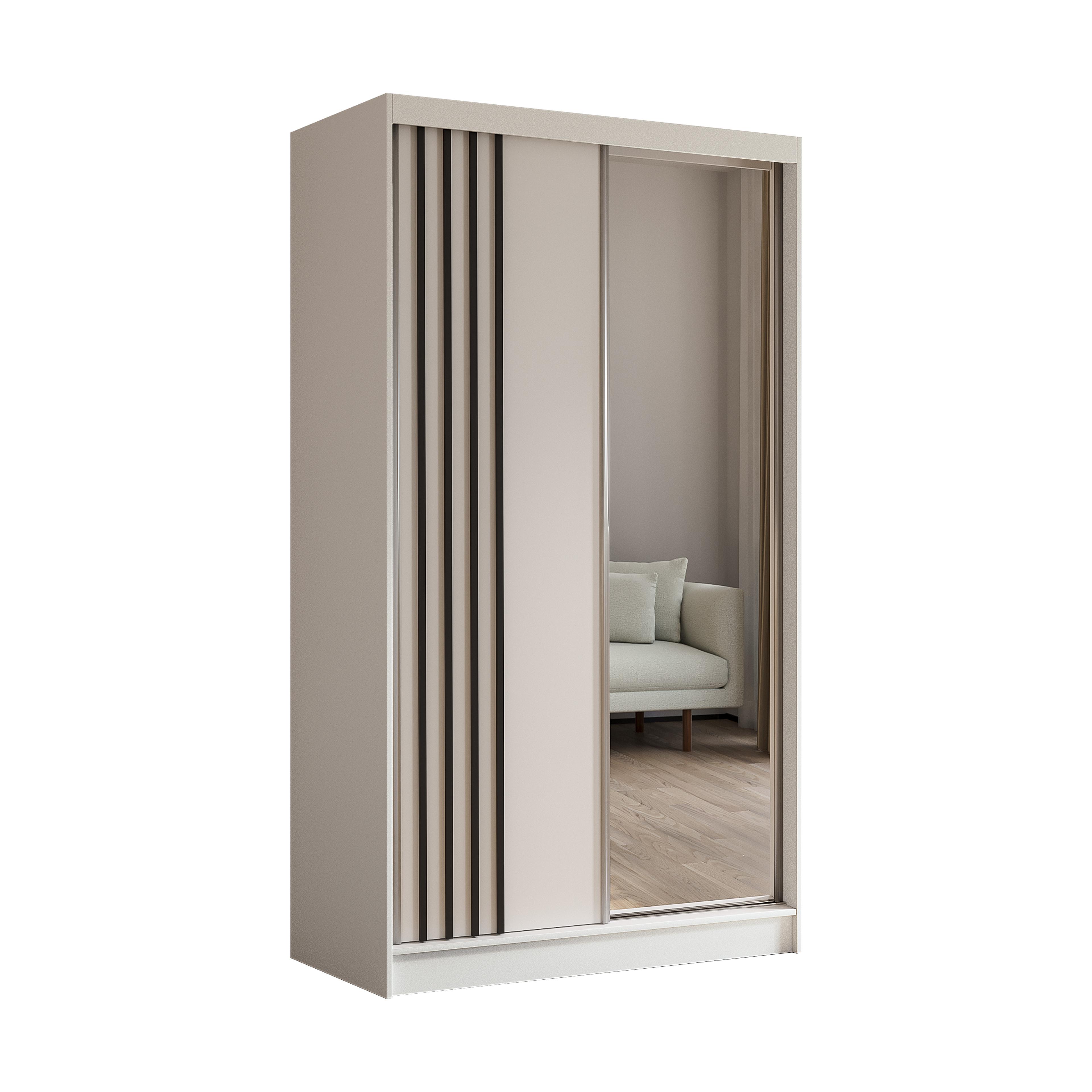 KLEIDERSCHRANK mit Spiegel-Schiebetüren und Aluminium-Leisten - NALLA - 120 cm Weiß+Weiß+Schwarz - Schwarz/Weiß, Holzwerkstoff (120/216/61cm) - ALTDECOR