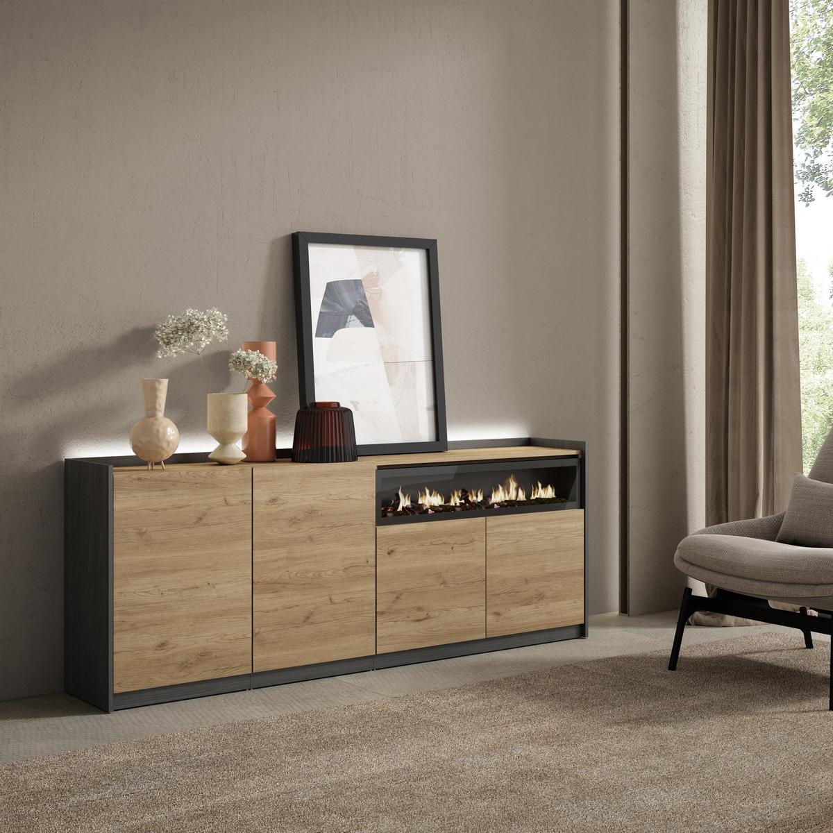 SIDEBOARD, Eiche und Schwarz, 207/37/80cm, Kamin mit Feuereffekt - Eichefarben, Holzwerkstoff (207/80/37cm) - Skraut Home