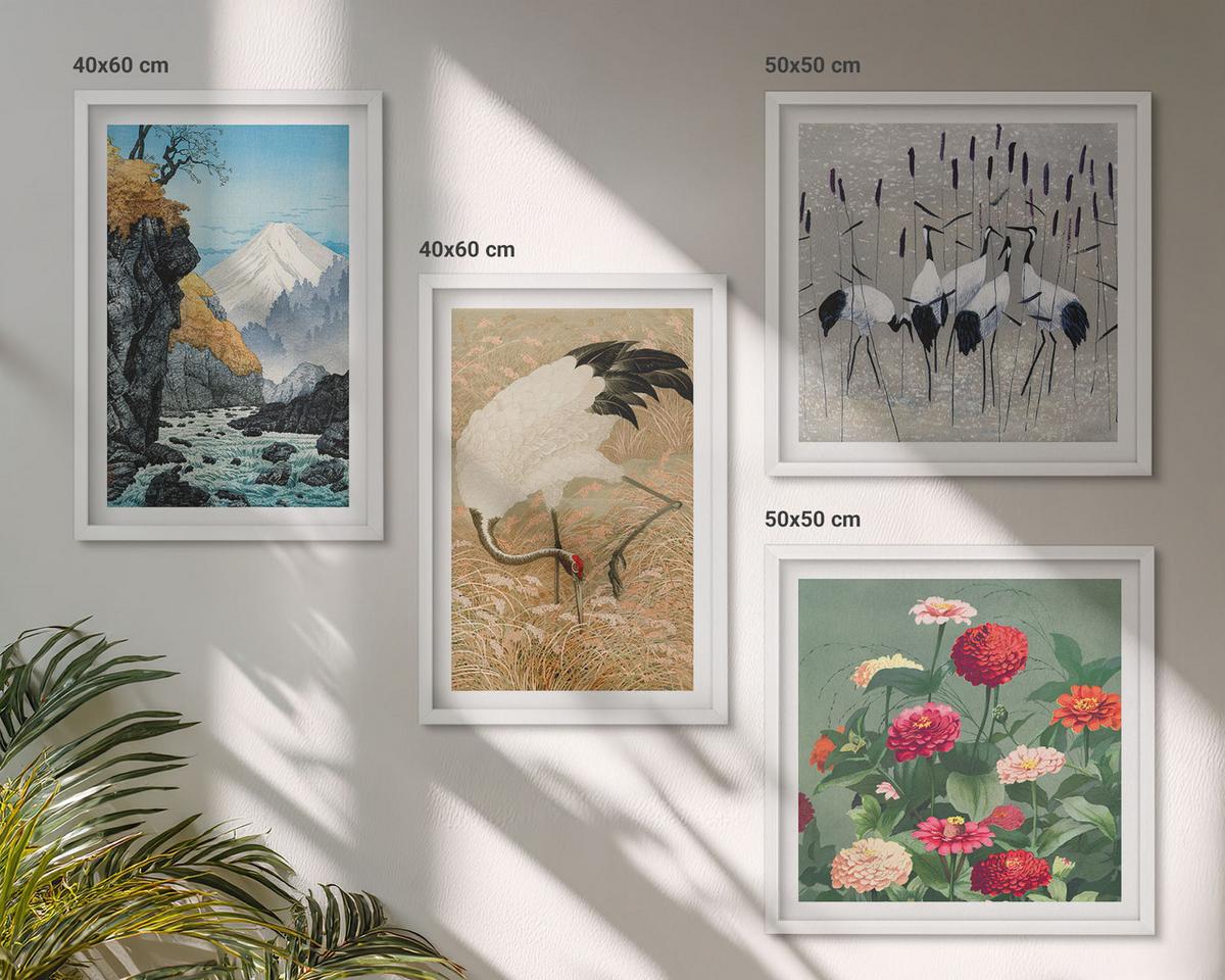 BILDER SET 4er Set - 50x50 cm & 40x60 cm Weißer Rahmen - Berge, Fluss, Blumen, Kraniche - Weiß, Kunststoff (50/50cm) - TULUP