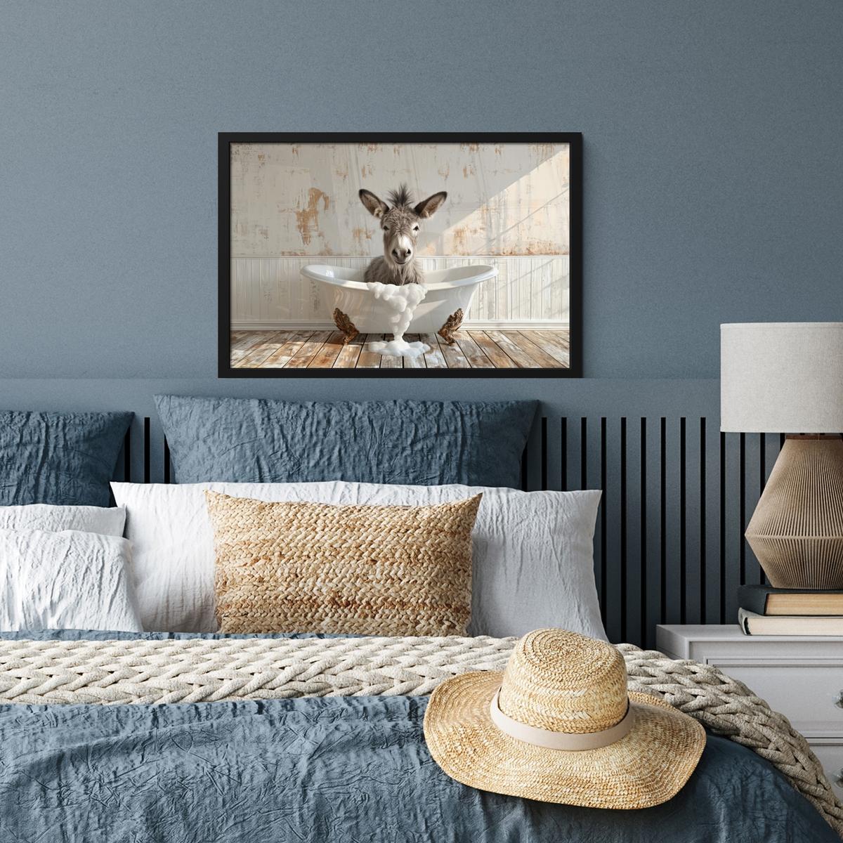 POSTER MIT RAHMENGERAHMTES BILD Esel - Tiere - Badewanne - Schaumstoff 60x40 cm - Weiß, Papier (60/40cm) - MuchoWow
