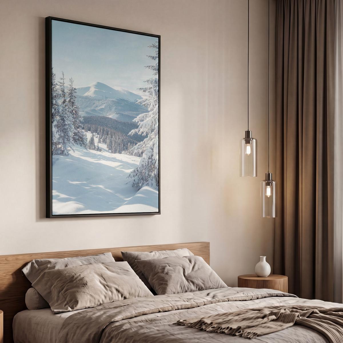 LEINWAND Bilder mit Rahmen - Winterlandschaft - Natur - Berge - Bäume - Schnee - 60x90 - Hellblau, Textil (60/90cm) - MuchoWow