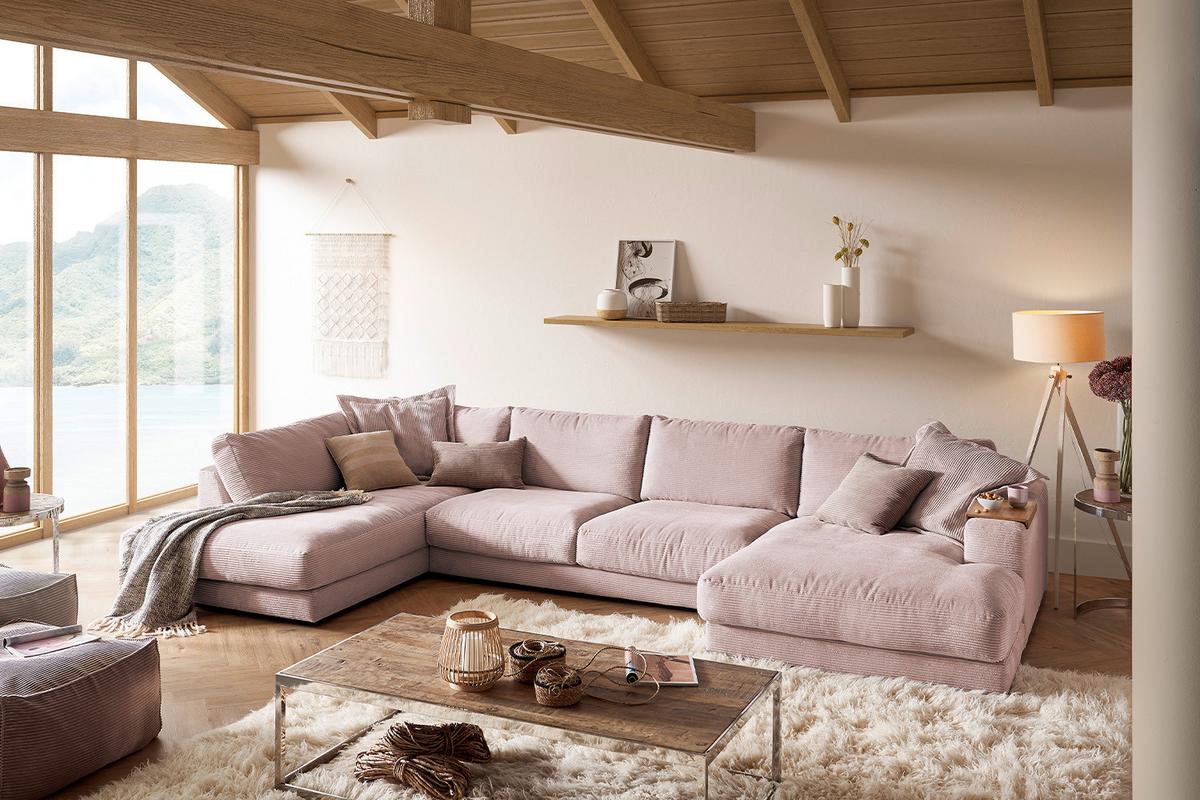 WOHNLANDSCHAFT MADELINE Pink Cord - Schwarz/Rosa, Kunststoff/Textil (425/86/224cm) - KAWOLA