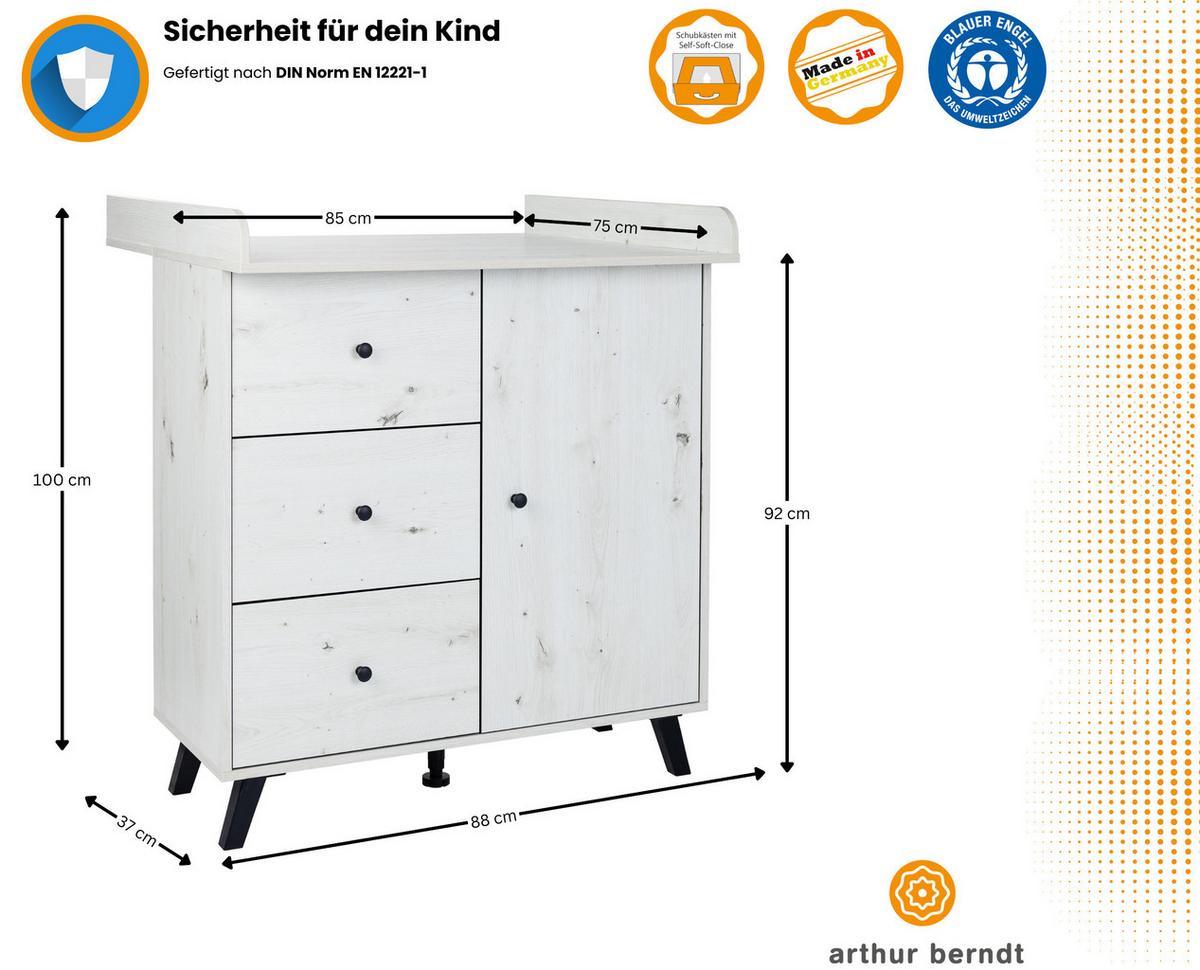 WICKELKOMMODE Lavea Landhausstil White Oak - Schwarz/Weiß, Holzwerkstoff/Kunststoff (88/100/75cm) - arthur berndt