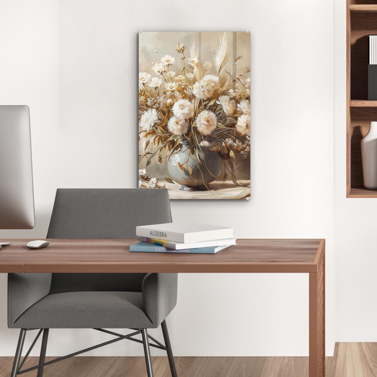 ACRYLGLASBILD Blumen - Vase - Stilleben - Beige Wanddeko Wohnzimmer 40x60 cm - Creme, Glas (40/60cm) - MuchoWow