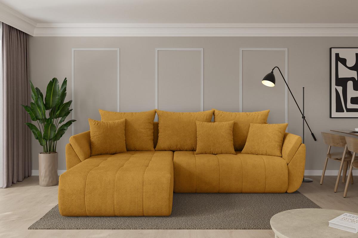 ECKSOFA mit Schlaffunktion Ottomane Links TOKO-L 277x194x86 Senfgelb Cord - Dunkelgelb/Schwarz, Holzwerkstoff/Kunststoff (277/194cm) - ALTDECOR