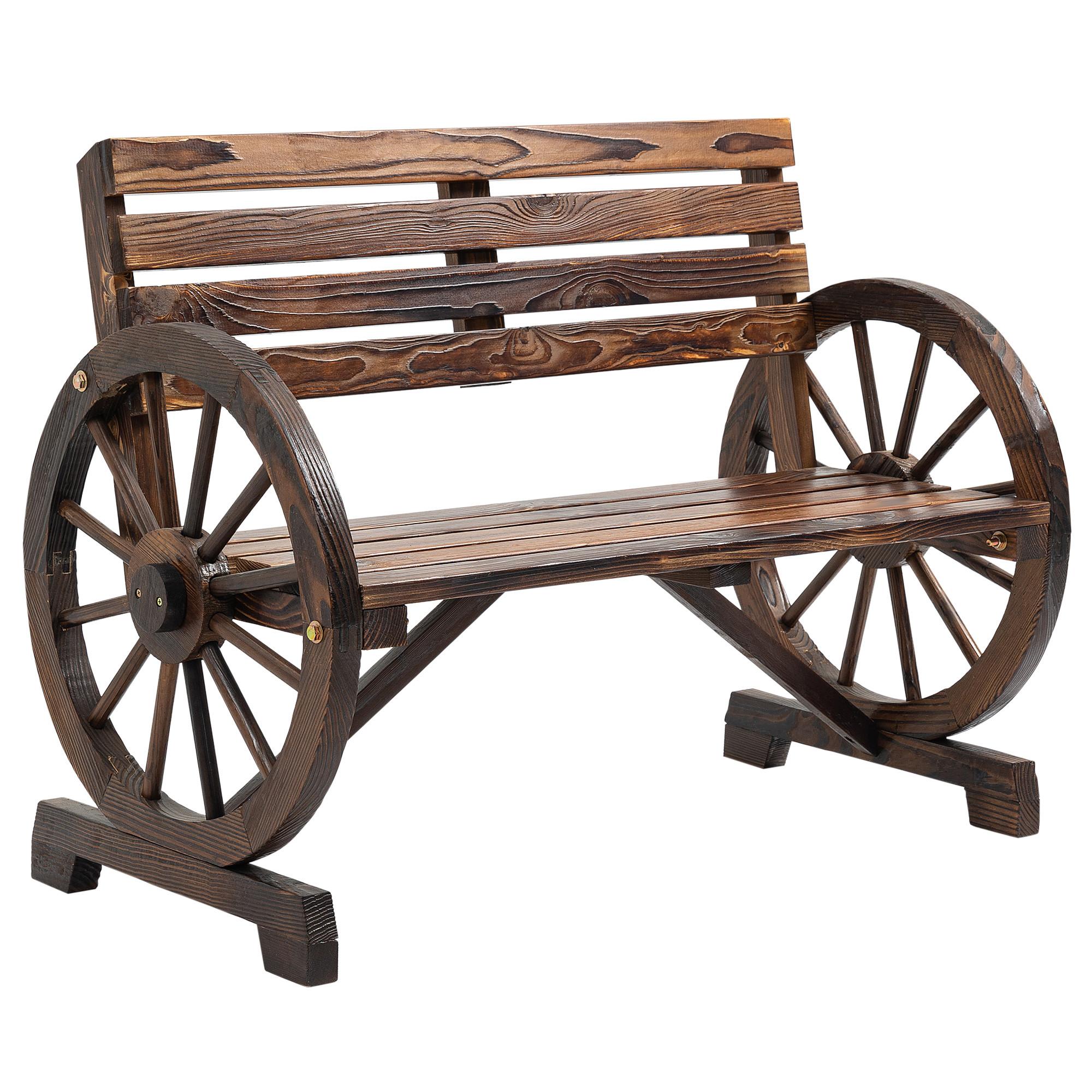 2ER-GARTENBANK Sitzbank Wagenrad-Design rustikale Holzbank für 2 Personen - Braun, Holz (56/79/105.5cm) - Outsunny