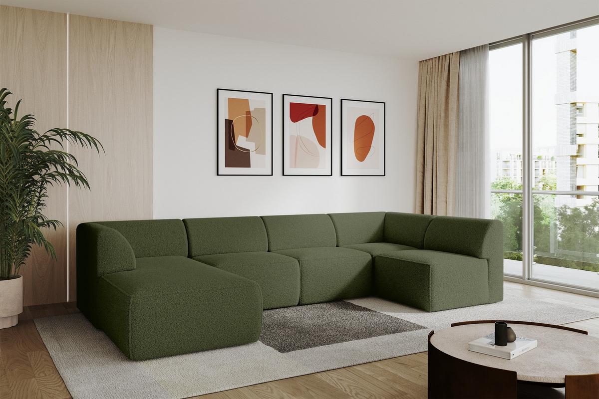 WOHNLANDSCHAFT Ottomane Links MOVO-L 345x180x78 cm Grün Bouclé - Dunkelgrün, Holzwerkstoff/Kunststoff (345/78/180cm) - ALTDECOR