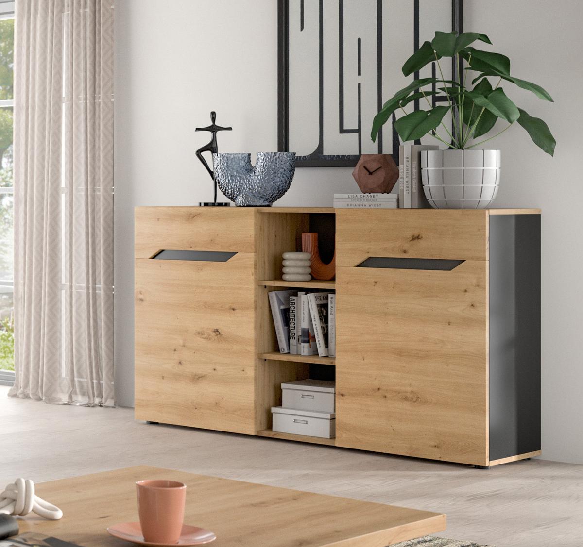 SIDEBOARD Eiche Artisan und Grau, Kommode mit 9 Fächern 130 x 81 cm - Dunkelgrau/Schwarz, Holzwerkstoff/Kunststoff (130/81/37cm) - Inn.Furn