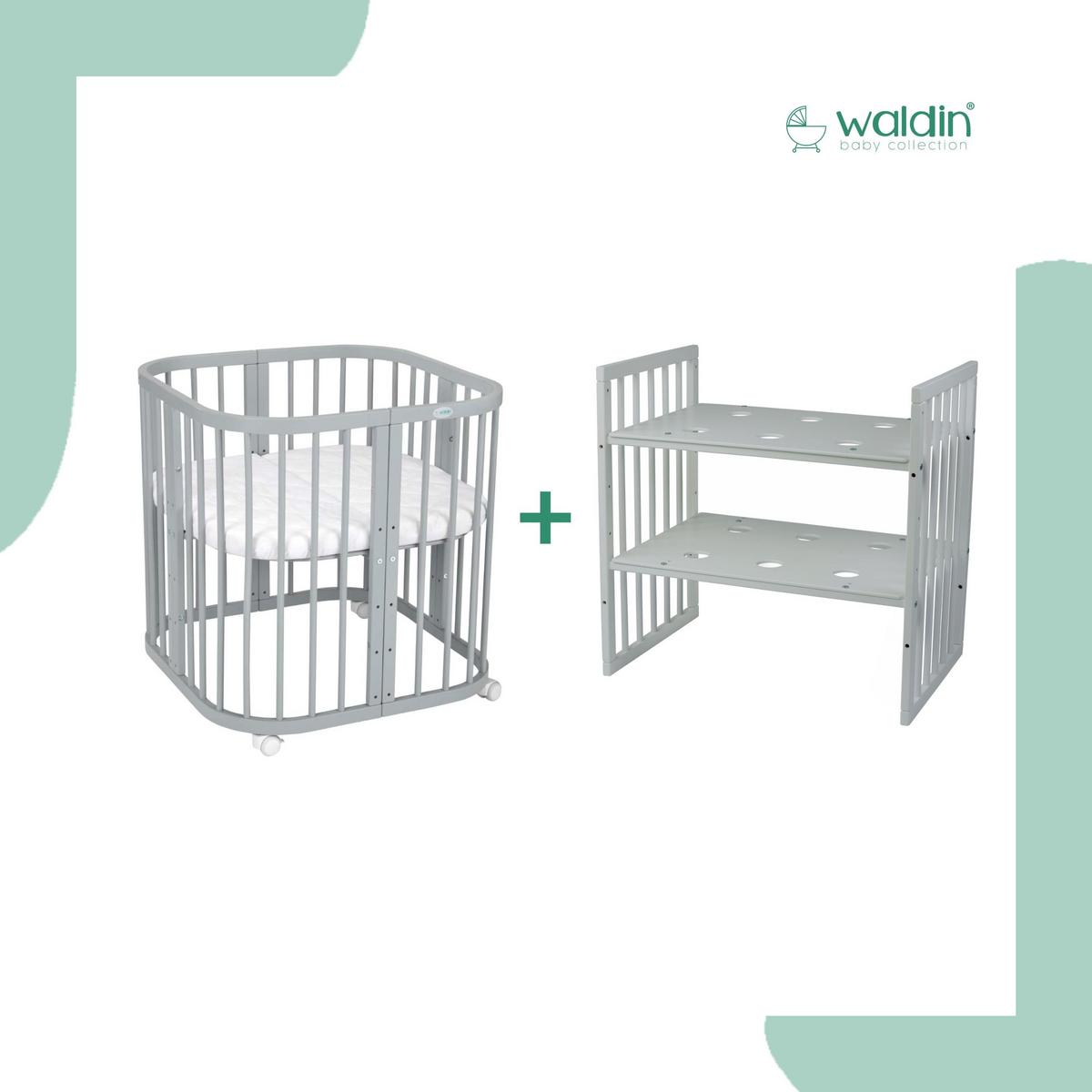 BABYBETT GREY, 7in1 mit Matratze - Rosa/Grau, Holz (73/123cm) - waldin