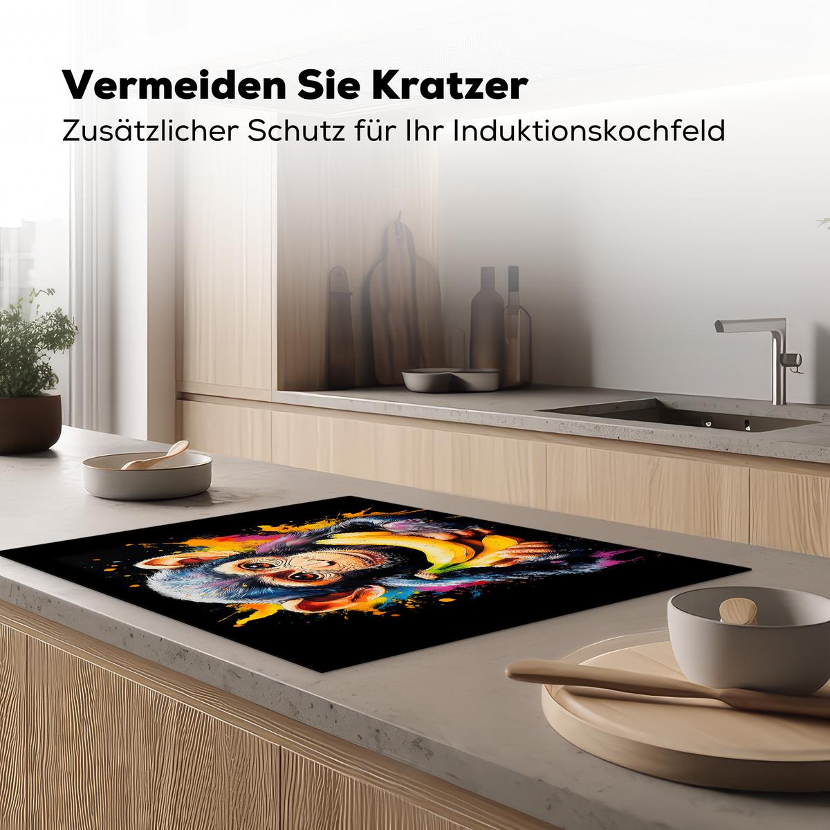 HERDABDECKPLATTE Affe - Graffiti - Farbenfroh - Bananen - Modern Induktionsmatte 77x59 cm - Gelb, Kunststoff (77/59/0.2cm) - MuchoWow
