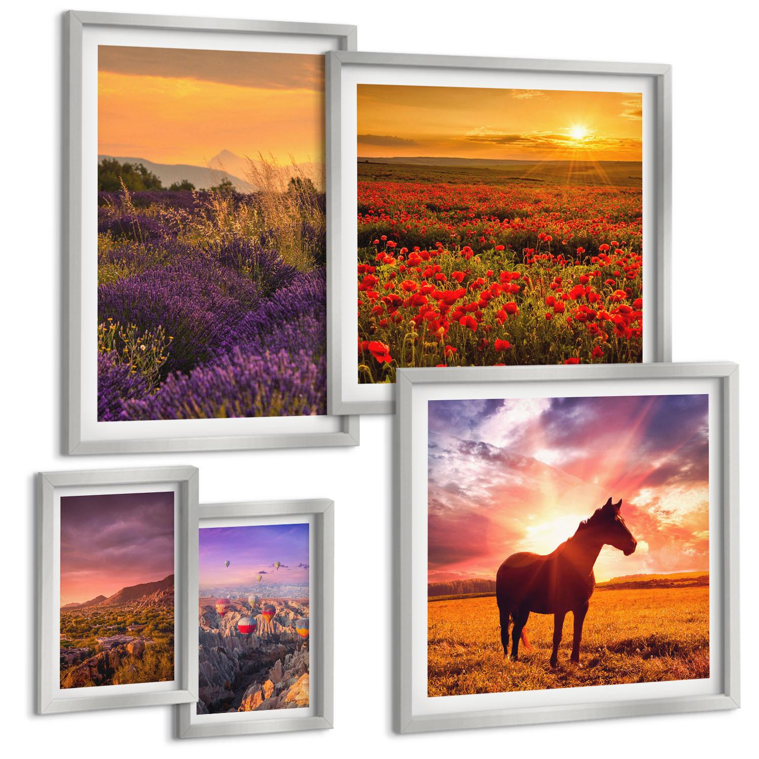 BILDER SET 5er Set - 50x50 cm & 20x30 cm & 40x60 cm Silberner Rahmen - Berglandschaft Rosslavendel - Silberfarben, Kunststoff (40/60cm) - TULUP