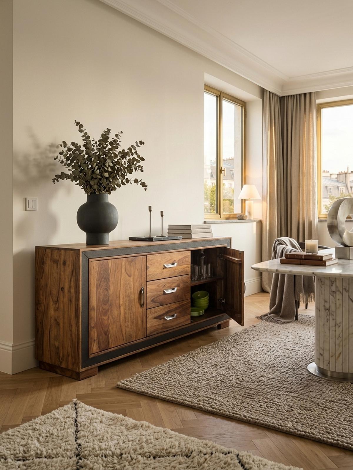SIDEBOARD – Massivholz, Kunstleder, 160x44x80 cm, rustikal - Braun, Holz (160/80/44cm) - KADIMA DESIGN