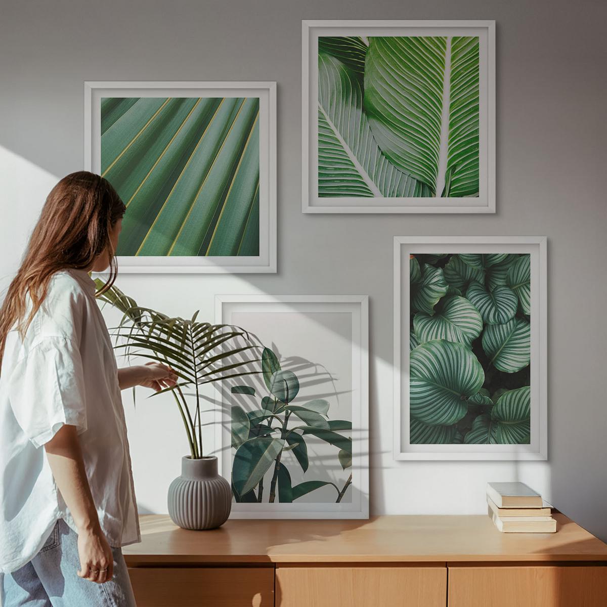 BILDER SET 4er Set - 50x50 cm & 40x60 cm Weißer Rahmen - Tropische Blätter in Grün - Weiß, Kunststoff (50/50cm) - TULUP