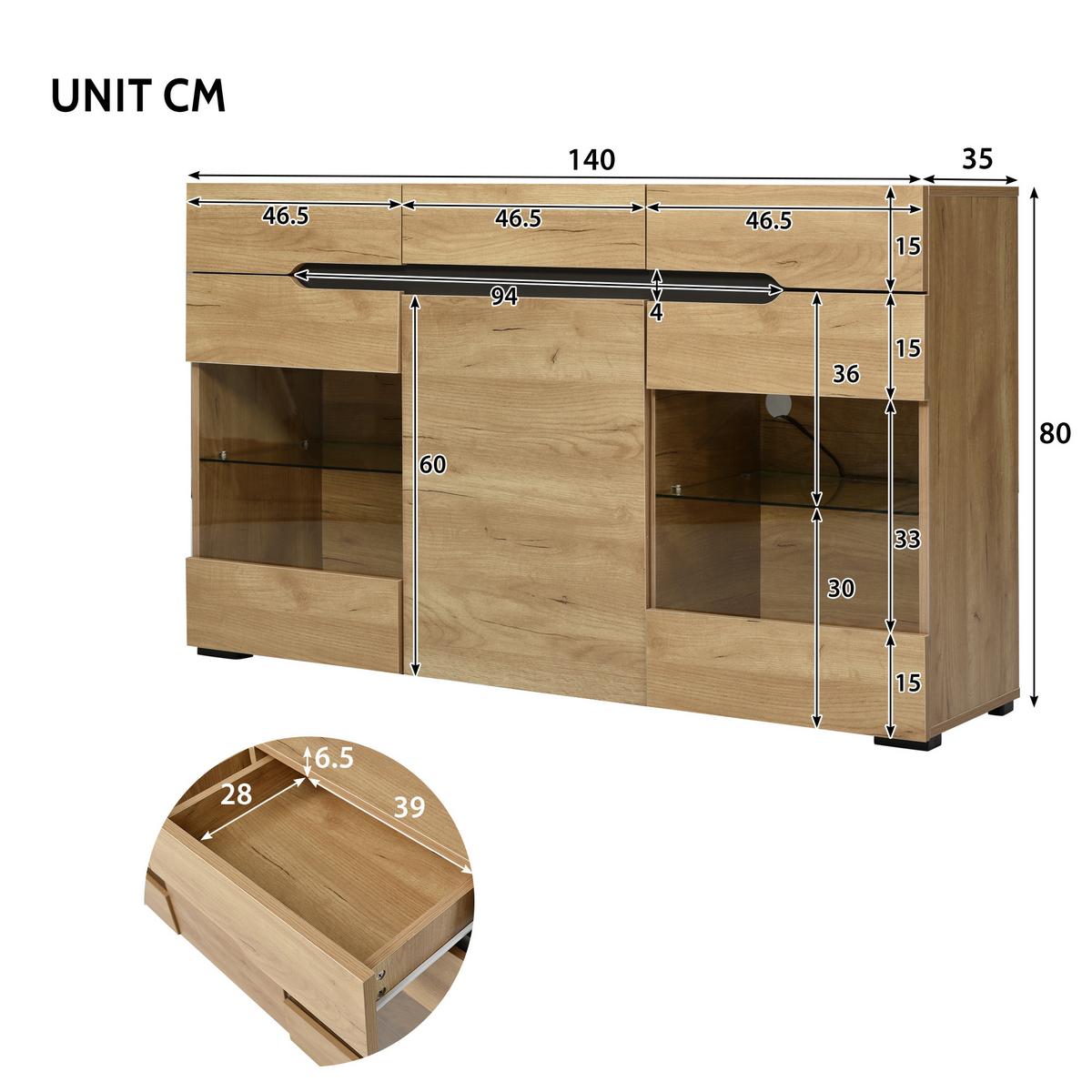 SIDEBOARD mit LED-Beleuchtung und Kabelführung, 140/35/35 cm - Eiche San Remo, Glas/Holzwerkstoff (140/80/35cm) - Urban Meuble