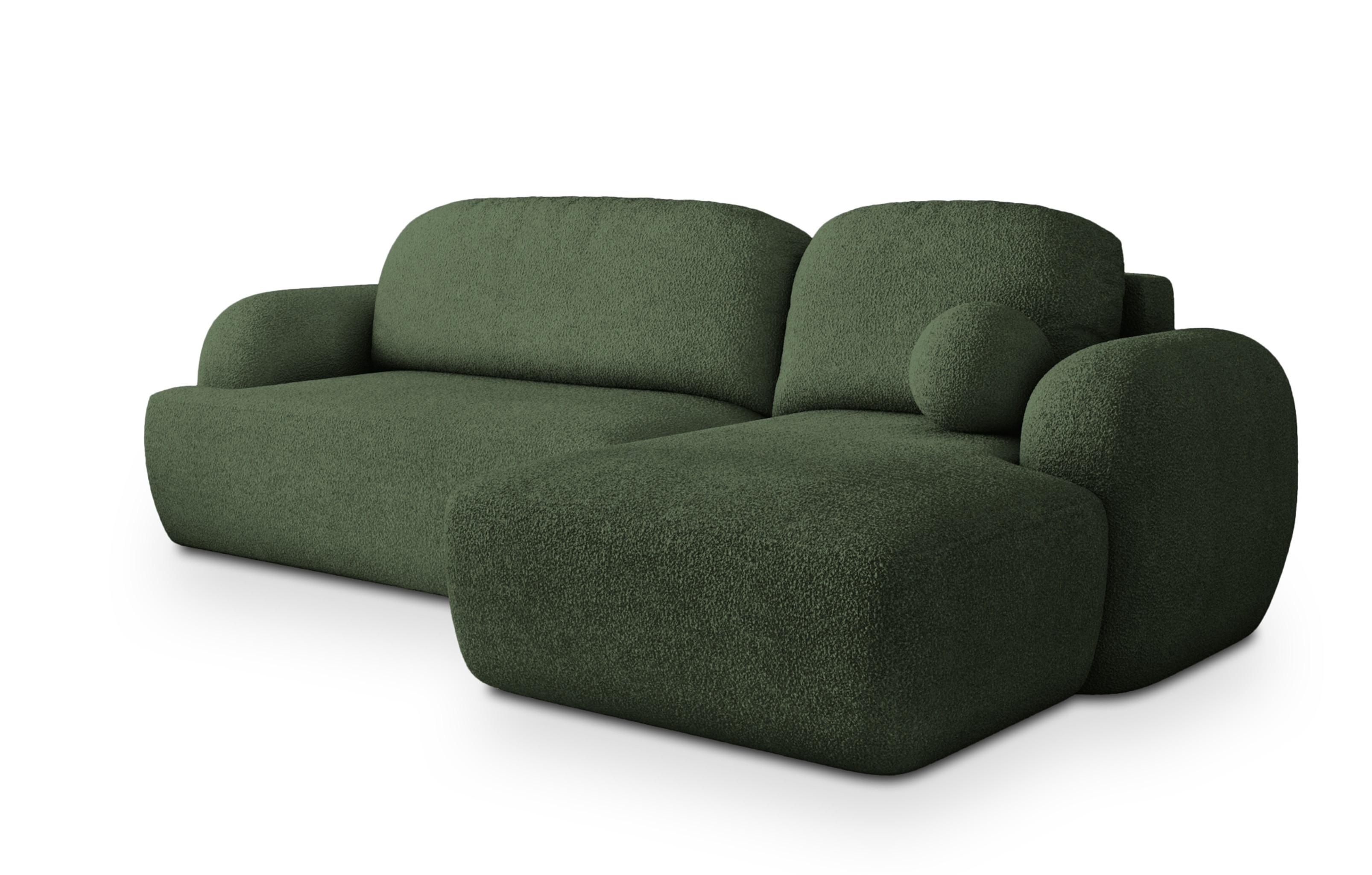 ECKSOFA MODENZA N R-S Grün Boucle-Stoff mit Schlaffunktion - Schwarz/Grün, Holz/Kunststoff (266/148cm) - MASSENO