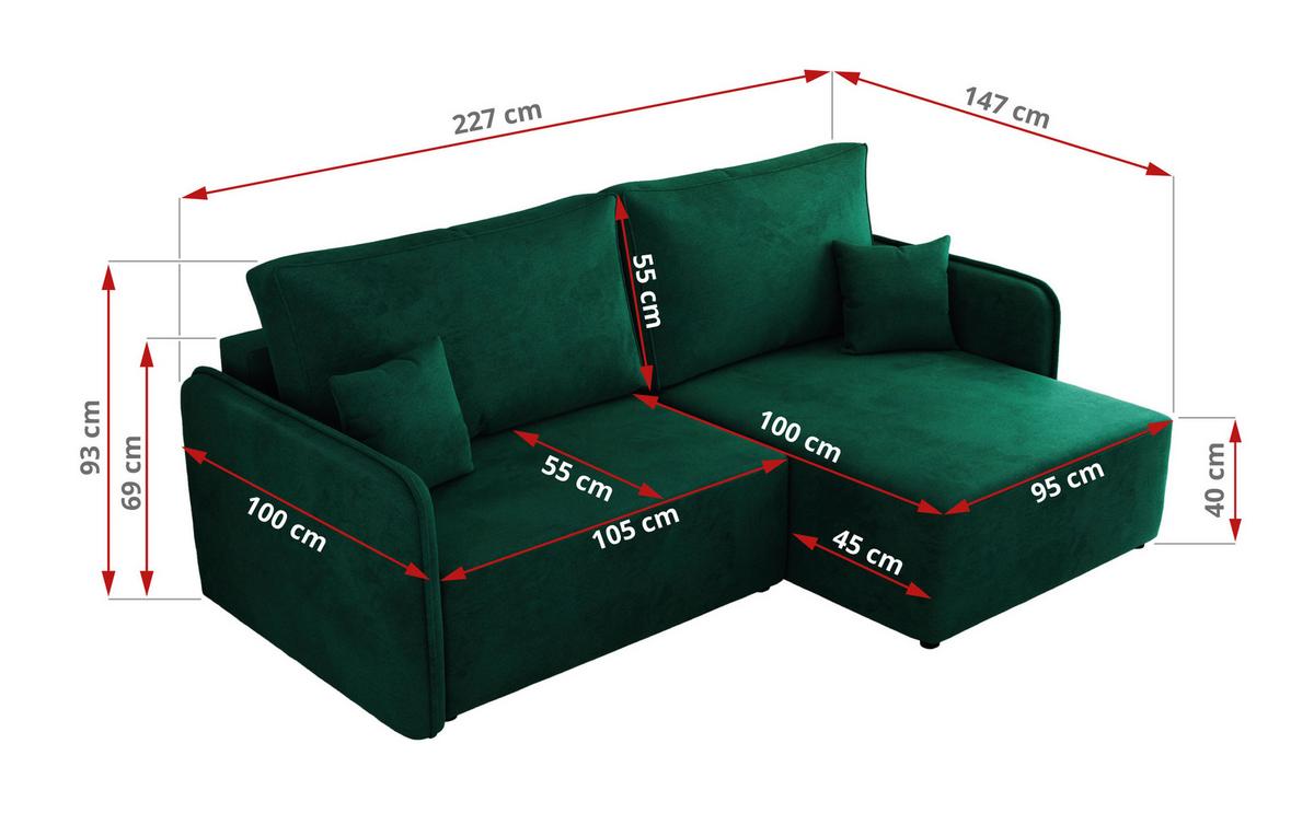 ECKSCHLAFSOFA MESTO L Dunkelgrün Velvet - rechts - Dunkelgrün/Schwarz, Kunststoff/Textil (147/227cm) - MKS