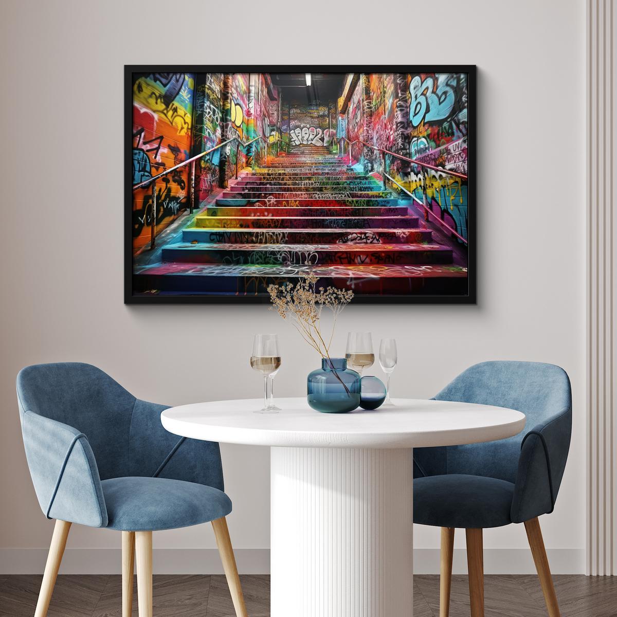 POSTER MIT RAHMENGERAHMTES BILD Treppe - Graffiti - Farben - Kunst 90x60 cm - Multicolor, Papier (90/60cm) - MuchoWow