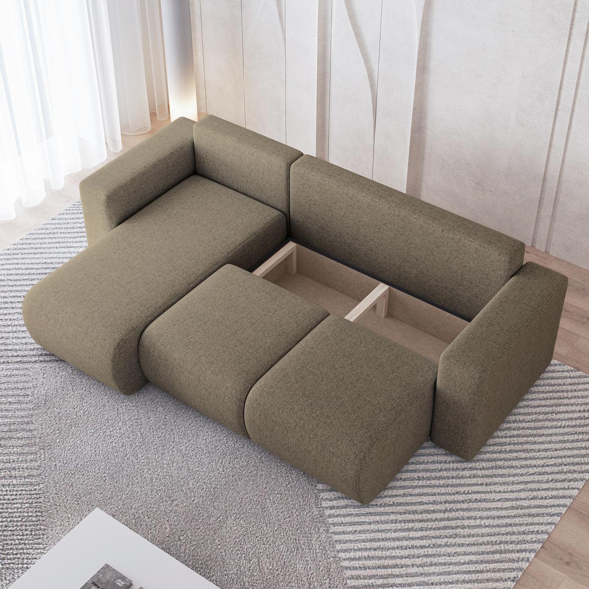 ECKSOFA RINOVA Braun Geflochtener Stoff mit Schlaffunktion - Braun, Holz (250/143cm) - MASSENO