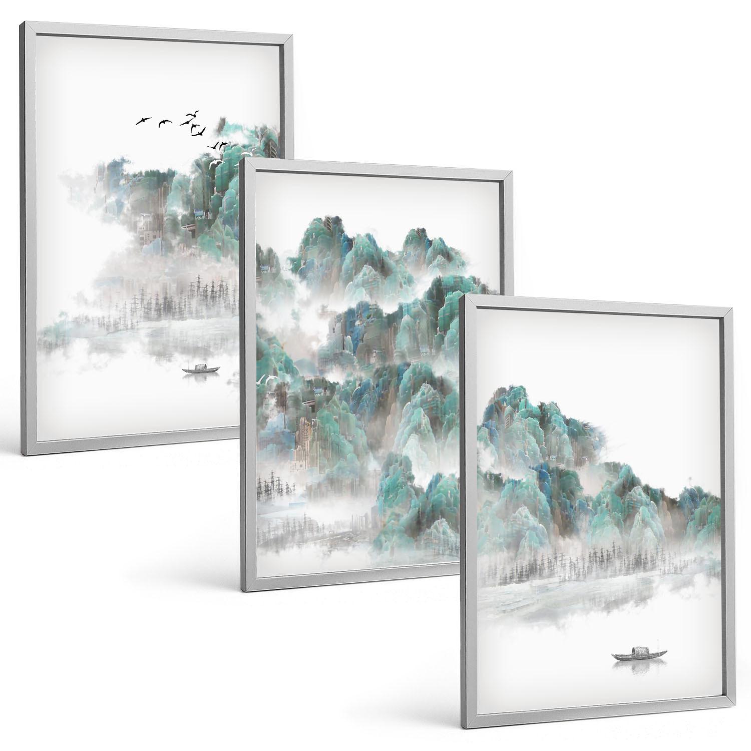 BILDER SET 3er Set - 40x60 cm Silberner Rahmen - Berge, Wolken, Vögel, Boot, Japandi - Silberfarben, Kunststoff (40/60cm) - TULUP