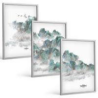 BILDER SET 3er Set - 40x60 cm Silberner Rahmen - Berge, Wolken, Vögel, Boot, Japandi - Silberfarben, Kunststoff (40/60cm) - TULUP