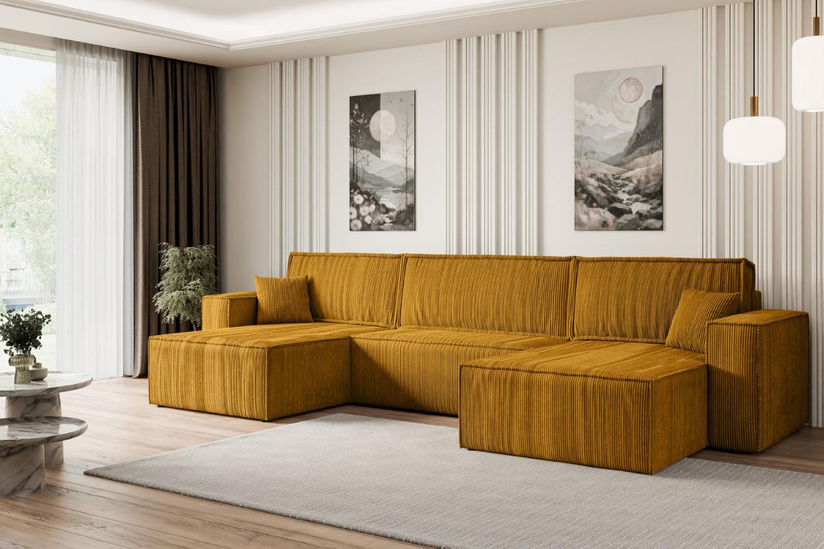 WOHNLANDSCHAFT mit Schlaffunktion und Bettkasten CELTIC-XLU - 377x143x83 cm Senfgelb Cord - Gelb/Schwarz, Holzwerkstoff/Kunststoff (377/83/143cm) - ALTDECOR