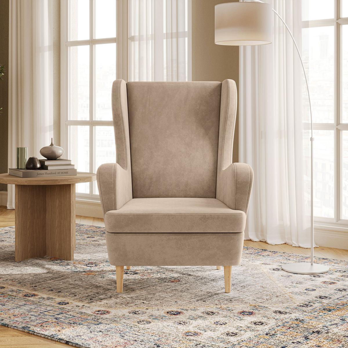 SESSEL VOGERA Ohrensessel Polstersessel, Beige - Eichefarben/Beige, Holzwerkstoff (78/103/85cm) - MASSENO
