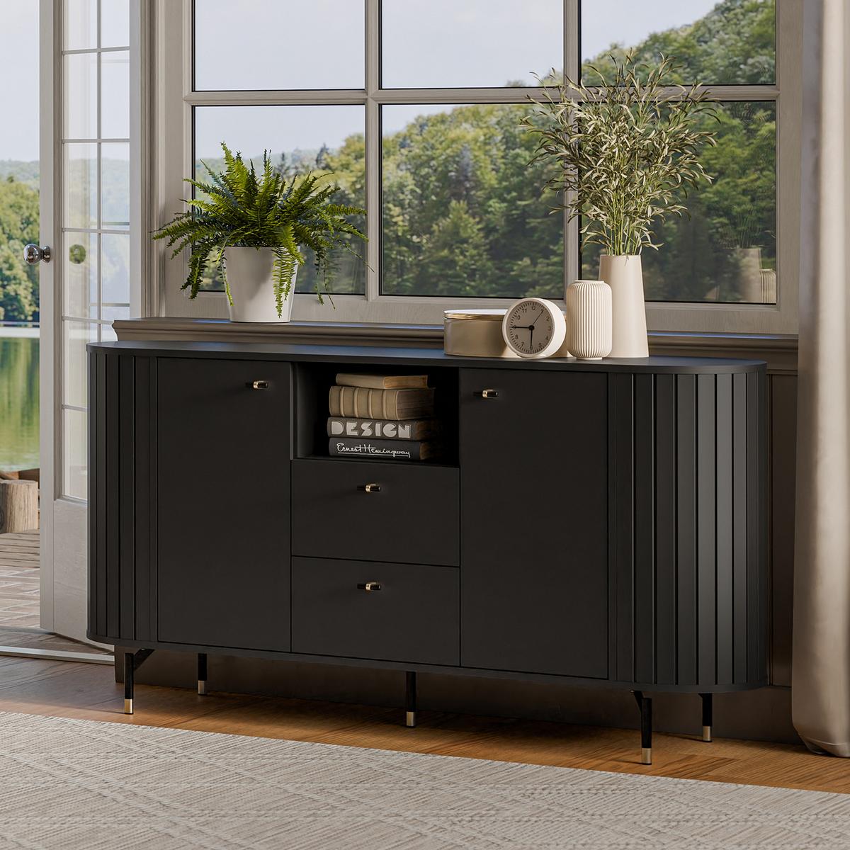 KOMMODE Zalia mit 2 Türen und 2 Schubladen, 150 cm, im Retro-Stil, Schwarz - Schwarz, Holzwerkstoff (150/81/40cm) - Beautysofa