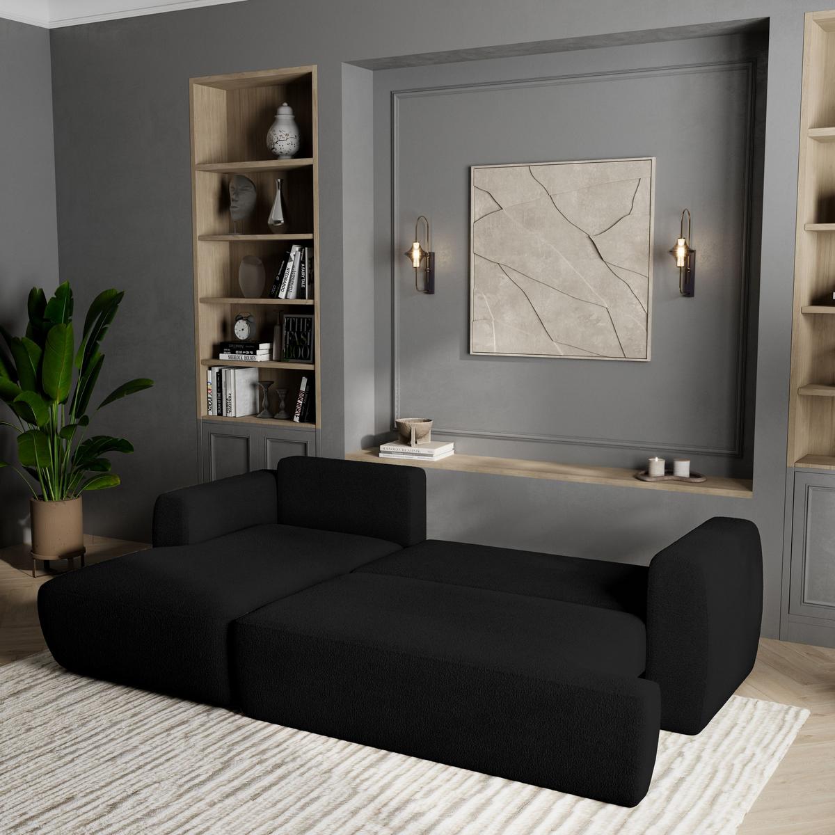 ECKSOFA SENTI N L-S Schwarz Boucle-Stoff mit Schlaffunktion - Schwarz, Holz/Kunststoff (246/148cm) - MASSENO